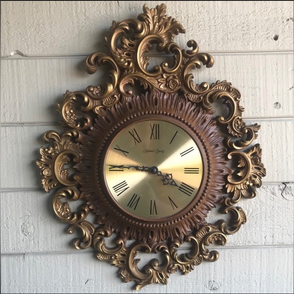 Vintage 1965 Gold Homco/Burwood Resin Quartz Wall Clock Syroco